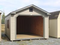 Pine Creek 12x20 Peak Garage with Pebble Clay walls, Clay trim and Red Raised Panel shutters, and Barkwood shingles